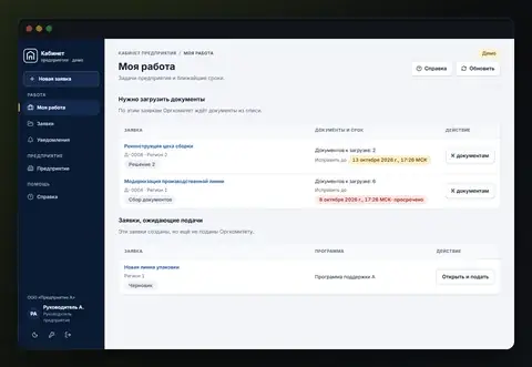 Экран «Моя работа» в кабинете предприятия: документы к загрузке и сроки; демонстрационные данные.
