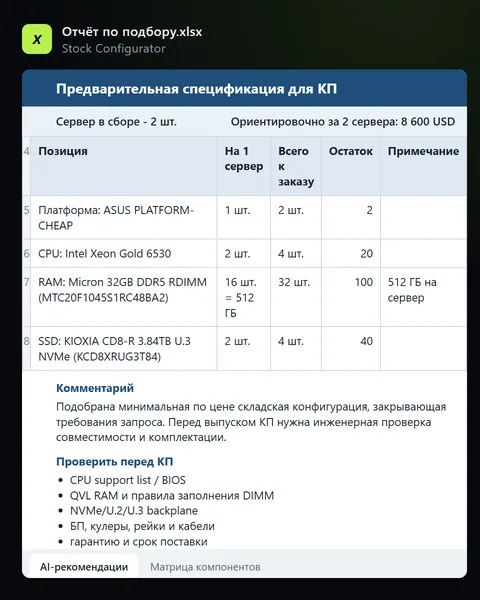 Лист Excel с предварительной спецификацией: позиции, количество на сервер и к заказу, остаток, список проверок перед КП